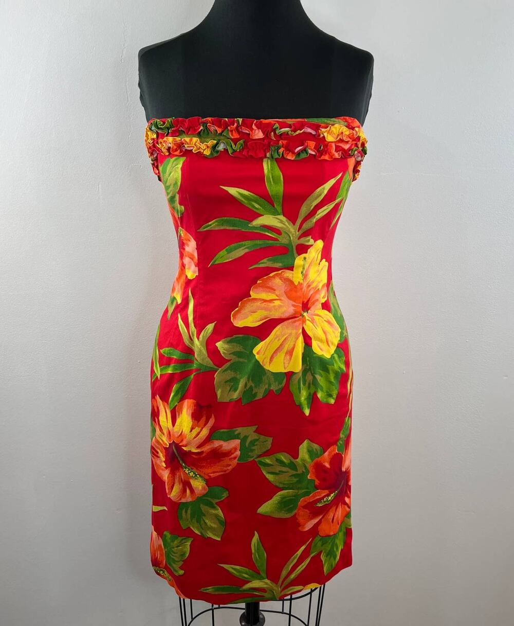 VINTAGE Ralph Lauren Red Hibiscus Print Strapless Ruffle Trim Mini Dress 2 VTG